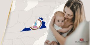 map of mid-atlantic US with Virginia highlighted with the state flag, new mother holding infant
