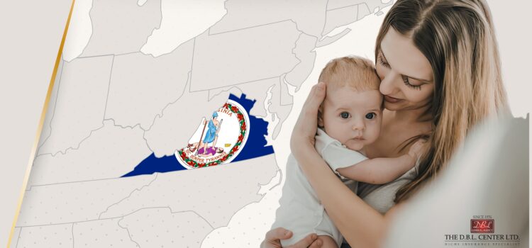 map of mid-atlantic US with Virginia highlighted with the state flag, new mother holding infant