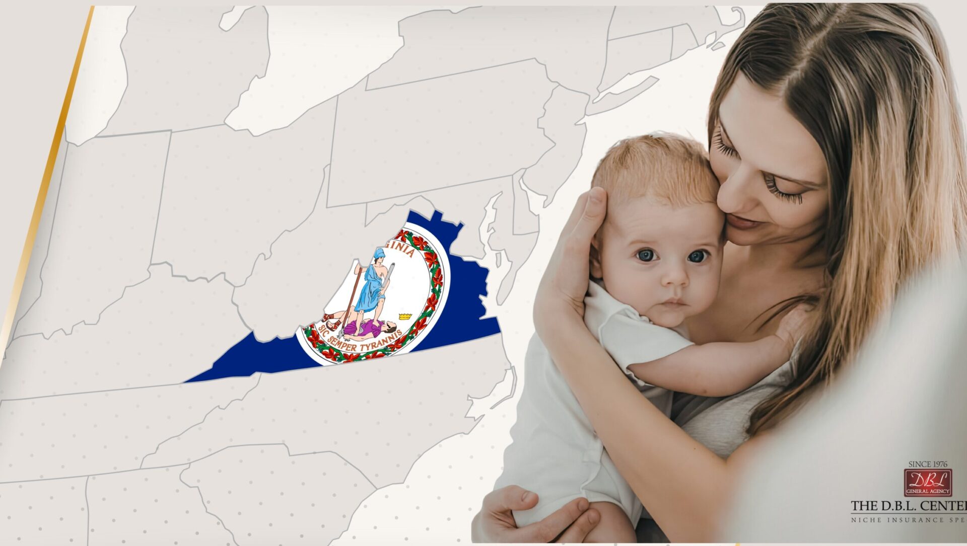 map of mid-atlantic US with Virginia highlighted with the state flag, new mother holding infant