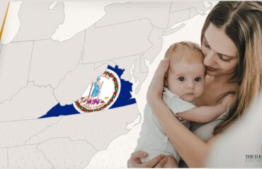 map of mid-atlantic US with Virginia highlighted with the state flag, new mother holding infant