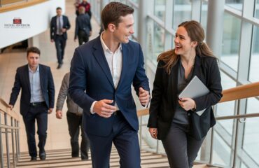 Gen z in man and woman in business suits walking up stairs in a corporate office building, discussing employee benefits.