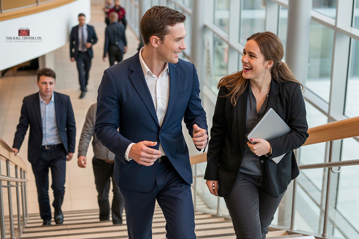 Gen z in man and woman in business suits walking up stairs in a corporate office building, discussing employee benefits.