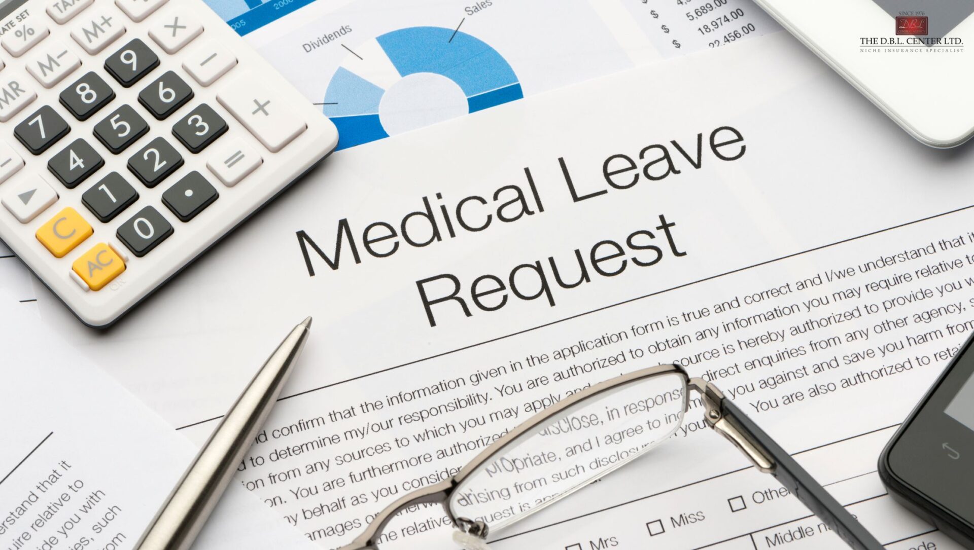 Leave Management – DBL Center image depicting a medical leave request with a calculator in the corner