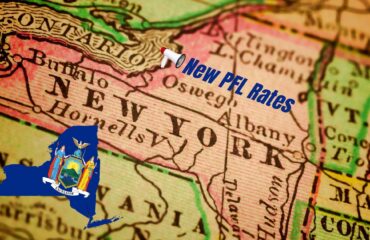 New PFL Rates 2027 Image mAP SHOWING A close up of NY with a megaphone announcing New PFL Rates.